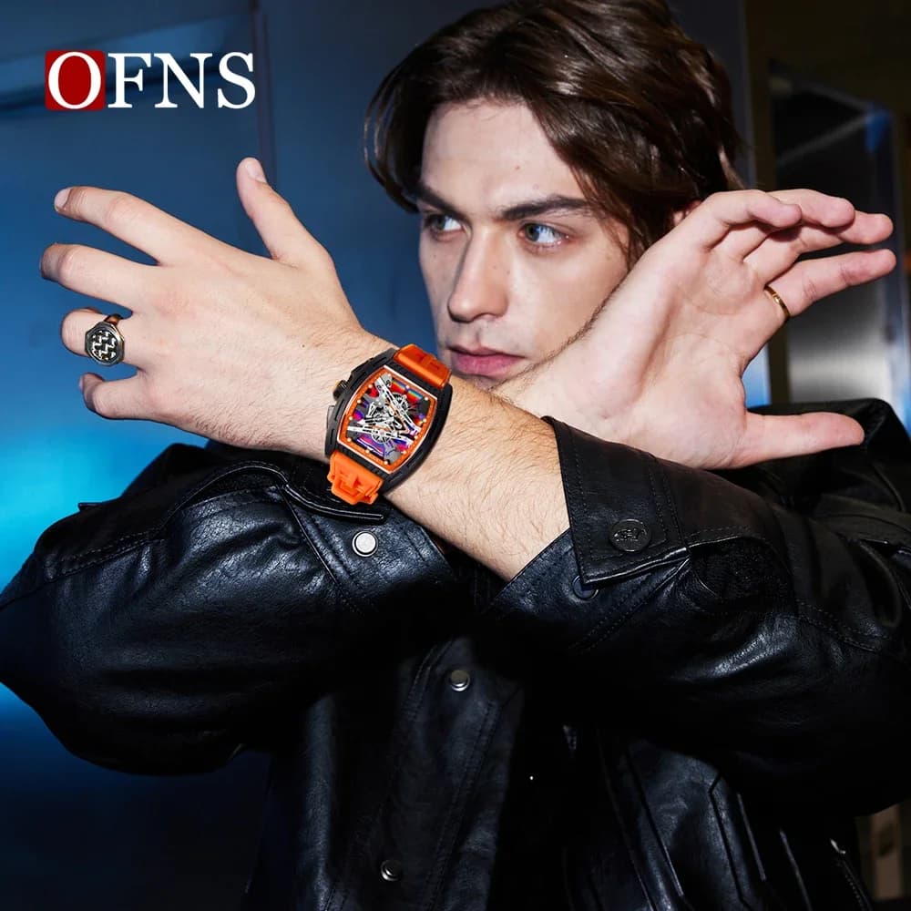 ساعة يد رياضية مقاومة للماء للرجال من OFNS1209، ساعة كوارتز فاخرة بحزام سيليكون وتصميم مجوف، ريلوجيو ماسكولينو - 6