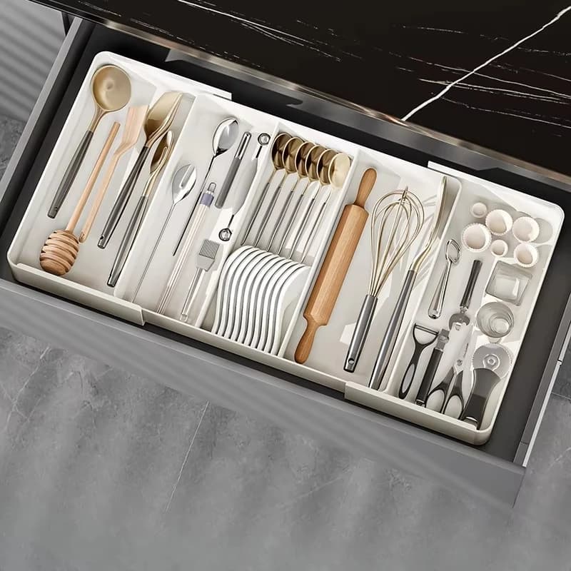 1pc Kitchen Drawer Retractable Storage Box Large-capacity Partitioning Storage Tray Home Tableware Knife Spoon Organizing Box - 4