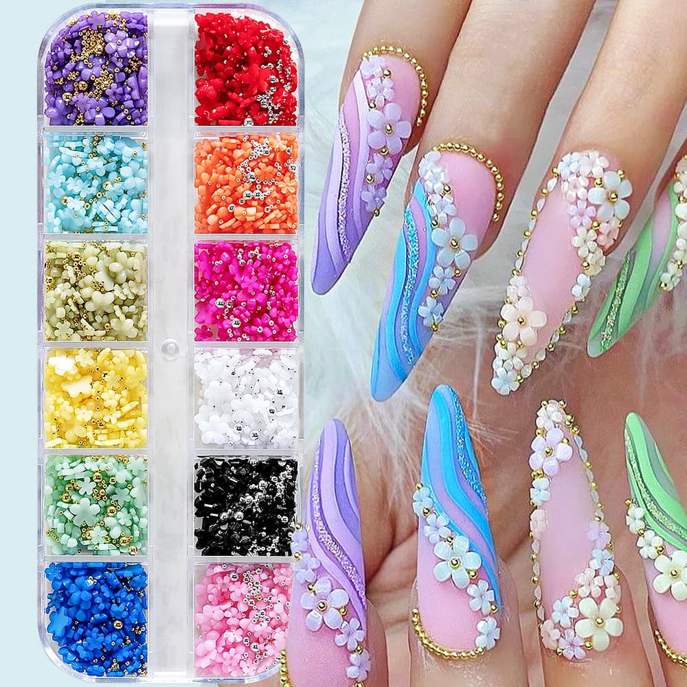 12/15Grids Acrylic Flower Nail Charms Mix Colors Set 3D Flower Nail Art Rhinestones Mixed Blossom Spring Gems DIY Nail Supplies - 4
