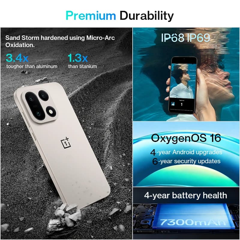 هاتف ذكي ون بلس 15 الإصدار العالمي، معالج Snapdragon 8 Elite Gen 5، شاشة بمعدل تحديث 165 هرتز، بطارية 7300 مللي أمبير في الساعة، شحن SUPERVOOC 120 وات - 6