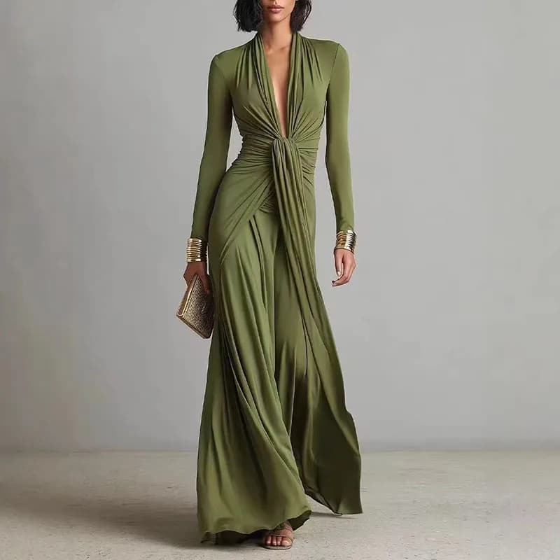 Women's Elegant Deep V Neck Maxi Dress Spring Twist Knot Ruched Floor-Length Evening Gown Autumn New Long Sleeve Slim Boho Dress - 4