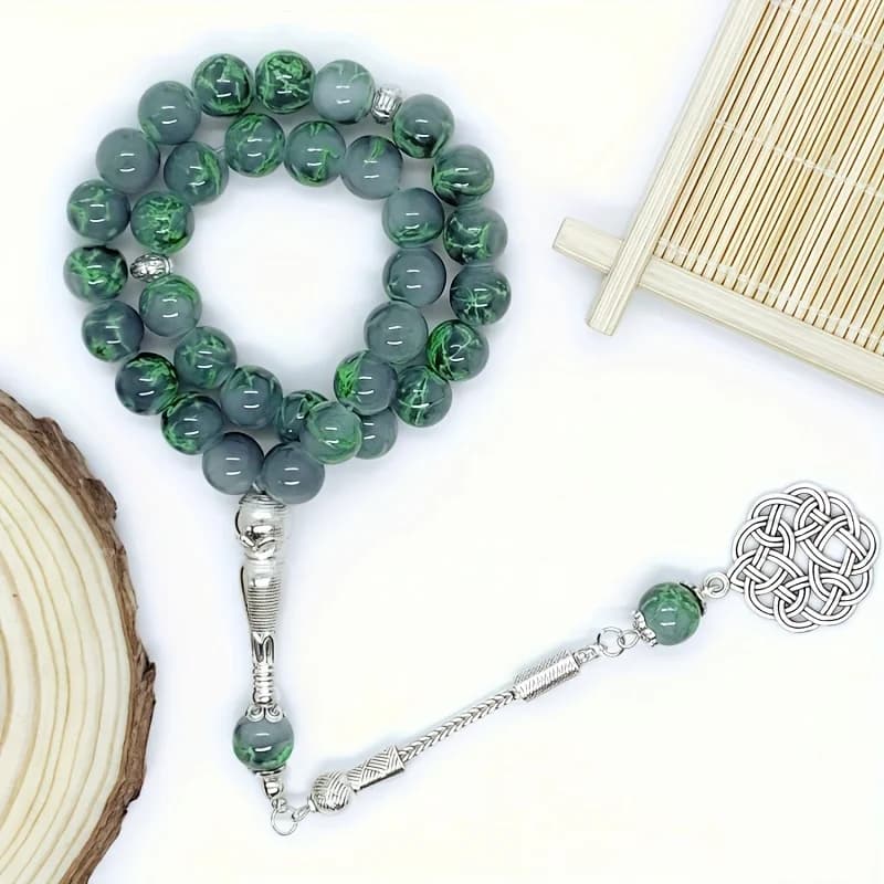 10mm33 أذن واحدة من الزجاج الأخضر نمط حبات المسبحة الإسلامية الصلاة اليومية العربية TASBIH ، أساور الصلاة العصرية للرجال والنساء - 3