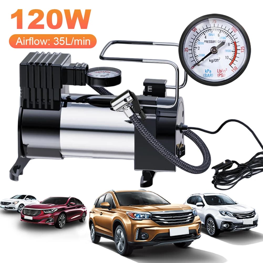 منفاخ إطارات كهربائي 12V مع مقياس ضغط، مضخة إطارات سيارة، ضاغط هواء صغير محمول فاخر من المعدن