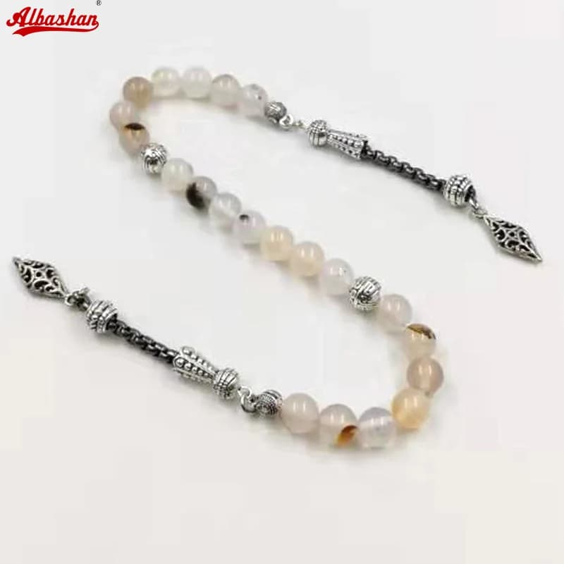 سوار من حجر الكالسيدوني الأجيت الطبيعي بتصميم تركي إكسسوارات مسلمين حبات صلاة هدية عيد مسبحة
