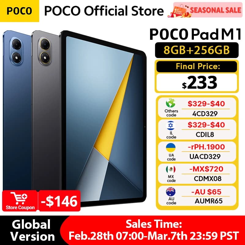 【عرض عالمي】 جهاز لوحي POCO PAD M1 نسخة عالمية سناب دراجون 7s الجيل 4 12.1 بوصة شاشة 120 هرتز 2.5K بطارية 12000 مللي أمبير شحن سريع 33 واط