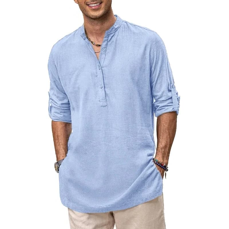 Mens New Cotton Oversized Henley Shirt Casual Lightweight Long Sleeve Tops Stylish Beach and Hawaiian Inspired Tee for Men - 4