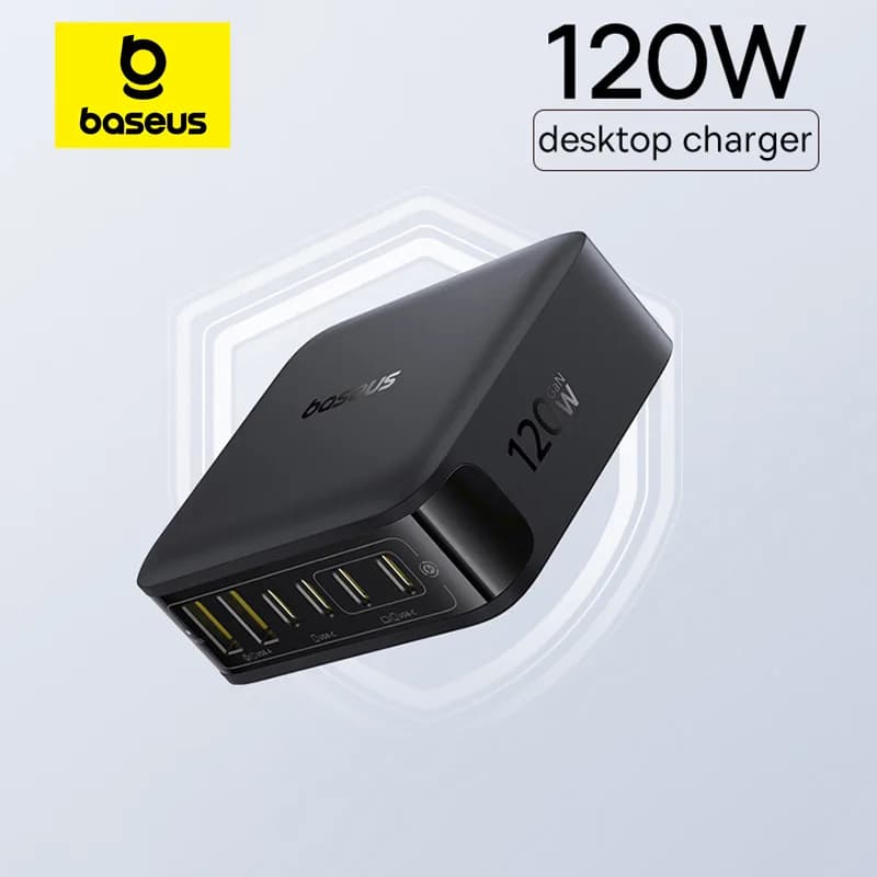 شاحن مكتبي من Baseus بقوة 120 واط، شاحن USB C، شاحن GaN، شاحن PD للشحن السريع، شاحن هاتف USB للأجهزة اللوحية واللاب توب وآيفون 17 و16 و15 و14