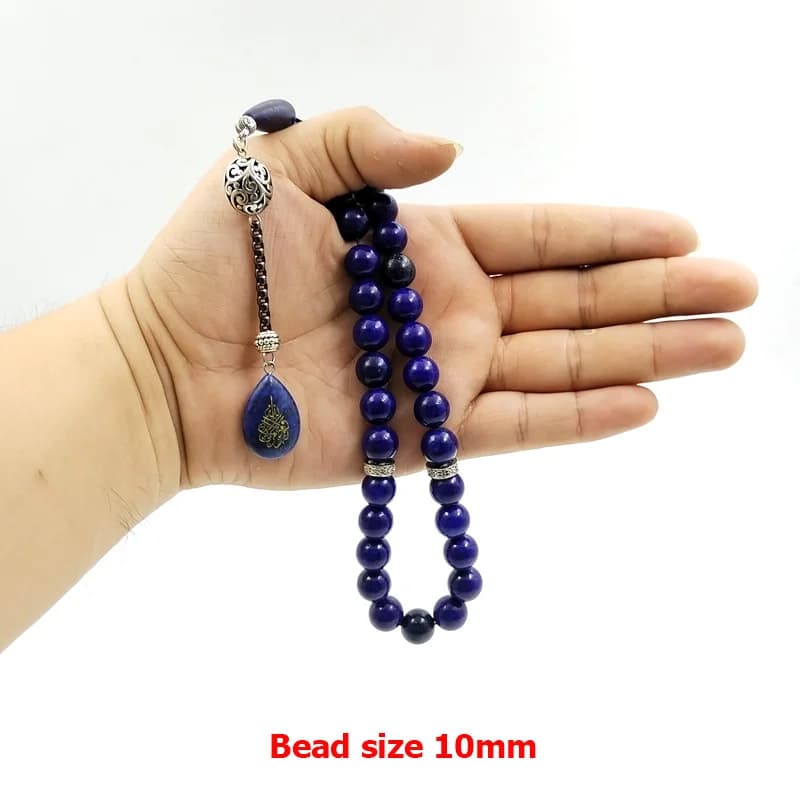 سبحة من حجر اللازورد الطبيعي، 33 حبة، أسورة، حجر أزرق، هدايا عيد الفطر ورأس السنة - 6