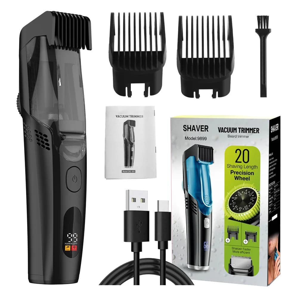 Cordless Men Beard Trimmer Rechargeable Electric Shaver with 20 Trim Built-in Vacuum Clipper for Mustache Sideburns Grooming Kit