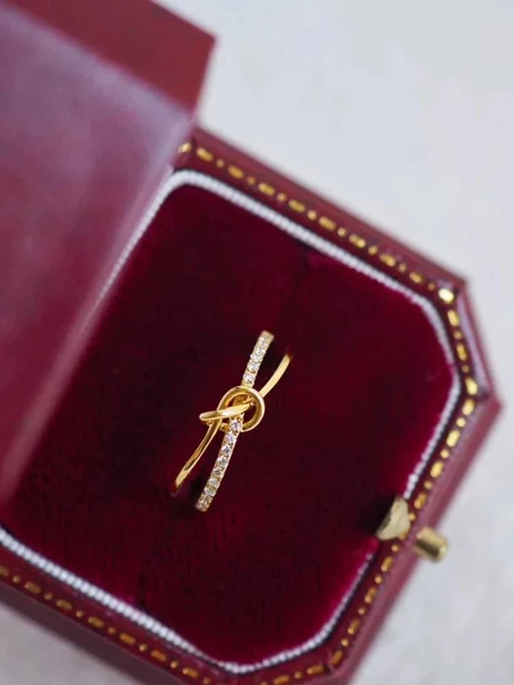 925 Sterling Silver Simplicity Advanced Golden Knot Double Ring For Women Anniversary Party Creativity High Quality Fine Jewelry - 2