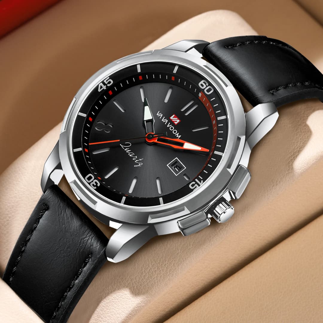 ساعة VA VA VOOM عسكرية جلدية سوداء بميناء كبير 46 ملم حركة كوارتز أسلوب أعمال عارضة موضة رياضية خارجية