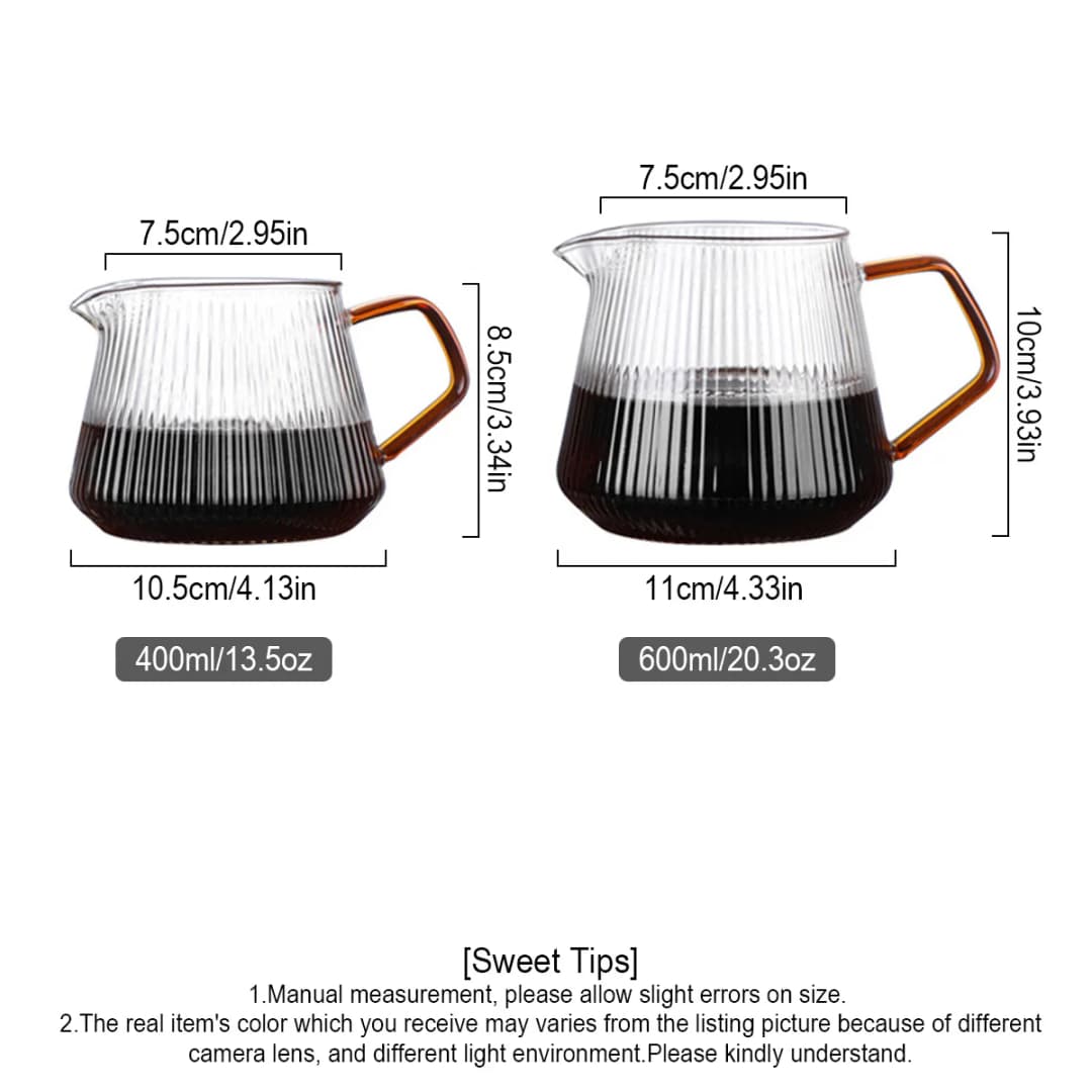 Glass Coffee Server - 400ml/600ml, Vertical Striped Coffee Pot For Pour Over Coffee & Tea, Microwave Safe & Heatproof Glass Body - 2