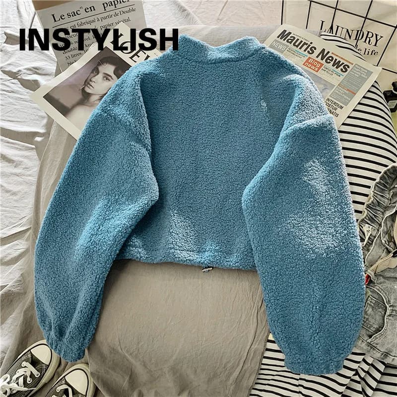 Women Stand Neck Fleece Cropped Hoodies Autumn Letter Embroidery Long Sleeve Drawstring Sweatshirt Elegant Plush Velvet Tops - 6
