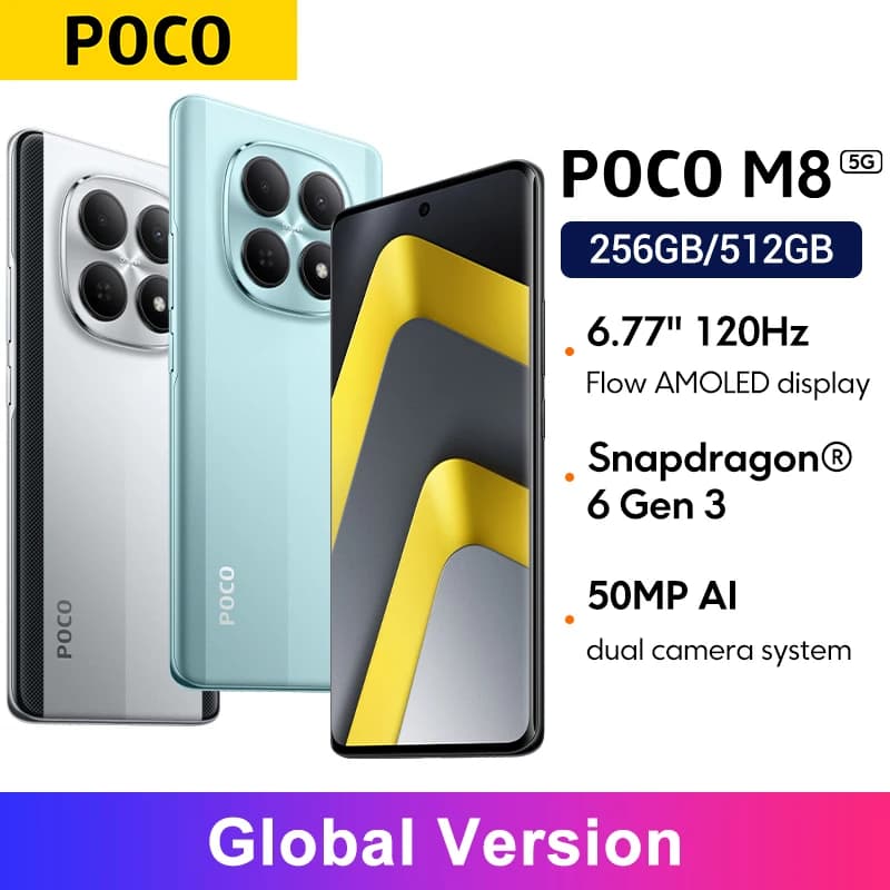 Smartphone Global Version POCO M8 Snapdragon® 6 Gen 3 Mobile Platform 5520mAh (typ) battery 50MP main Camera 6.77"display