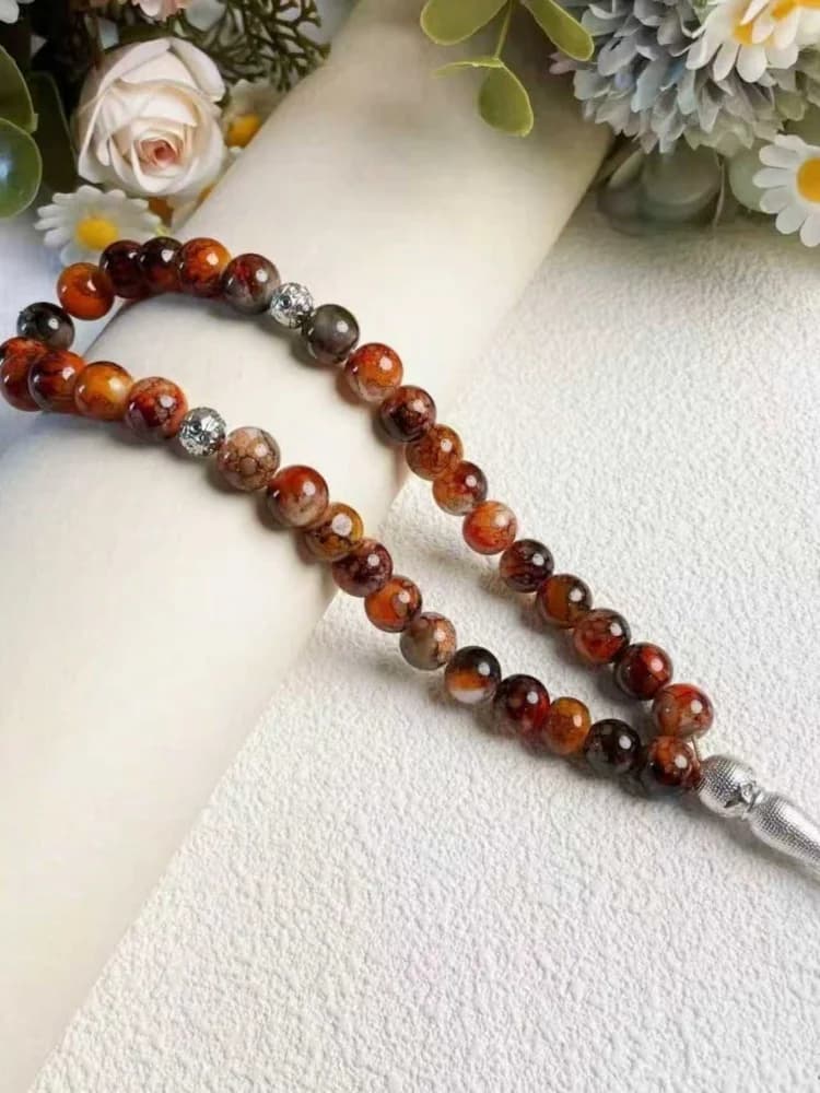 33 خرزة تسبيح ملونة، خرز صلاة مصنوع يدويًا، مجوهرات إسلامية أنيقة وإكسسوارات عصرية - 4