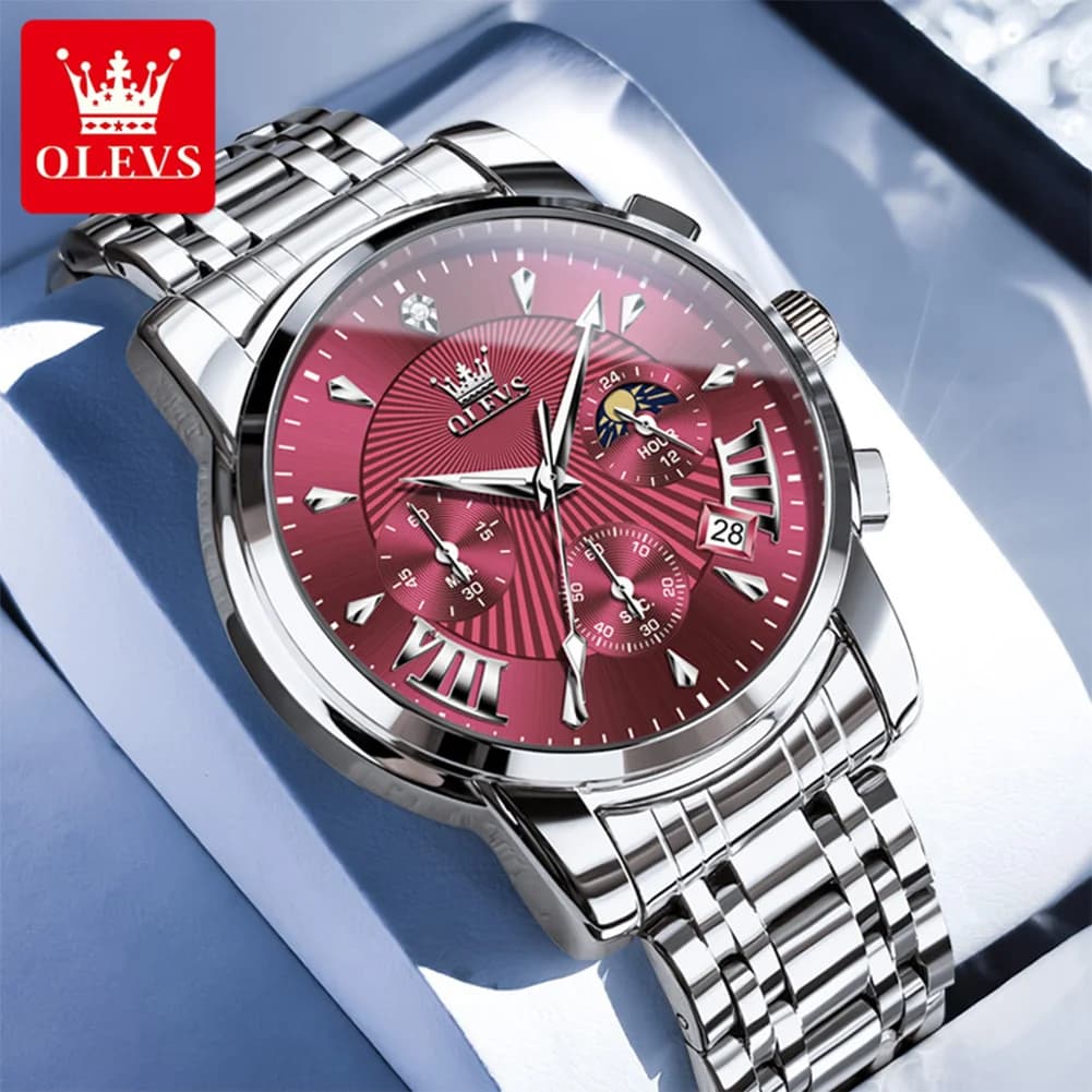 OLEVS Brand Fashion Red Watch For Men Luxury Sport Waterproof Stainless Steel Chronograph Quartz Watches Mens Relogio Masculino - 2