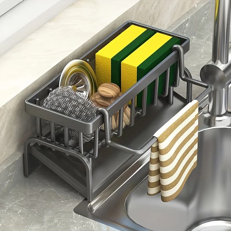 1 Set Durable Sponge Drain Rack Dish Box Kitchen Organizer with Brush Detergent Holder Sink Faucet Rack for Home Bathroom - 5