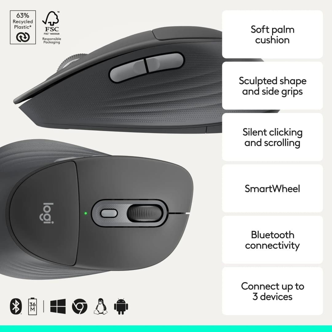 ماوس Logitech Signature Comfort Plus M850 L اللاسلكي عبر البلوتوث مع وسادة راحة اليد ونقرات صامتة - 2