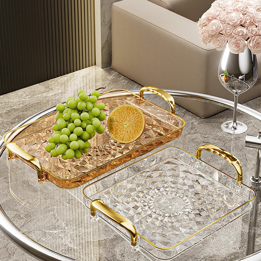 Clear Plastic Storage Tray Large Capacity Dessert Fruit Tray Plate Double Handle Jewelry Decorative Tray Home Kitchen Organizer