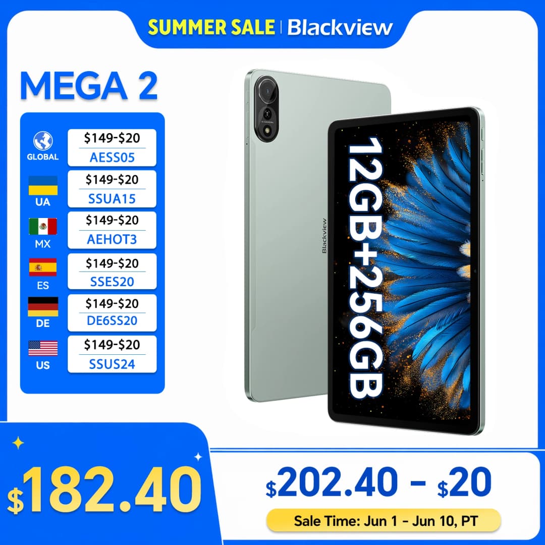Blackview MEGA 2 Tablet PC 12'' 2K FHD+ Display Unisoc T615 12GB+12GB RAM 256GB ROM 9000mAh Battery 16MP Android 15 4G Tablets