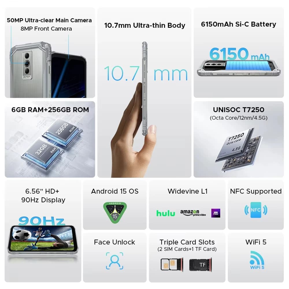 DOOGEE Blade10 Pro Energy Smartphone Robusto com Tela HD+ de 6,56”, 32GB + 256GB, Câmera de 50MP com IA, Bateria de 6150mAh, And - 2