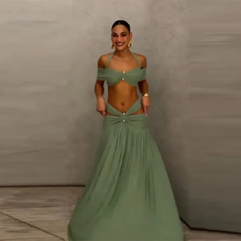 Elegant Sequin Floral Two Piece Set For Woman One Shoulder Crop Top + High Waist Cutout Mini Skirt Vacation Party Co-ord Set - 6
