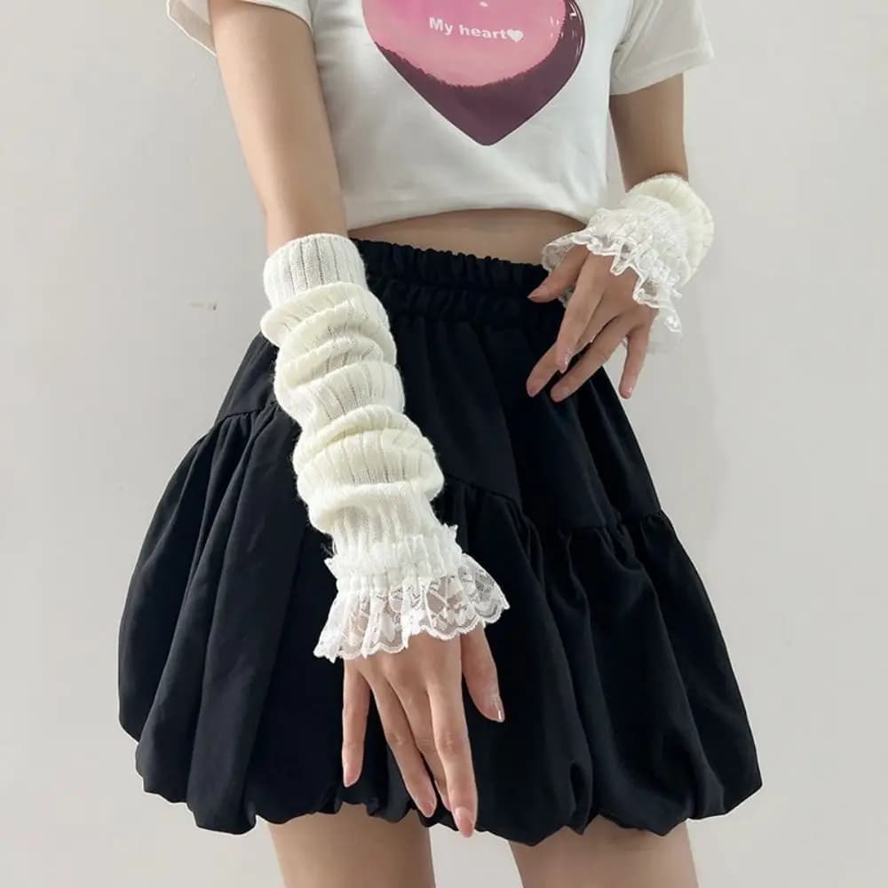 1Pair Fingerless Long Wrist Gloves Arm Warmers False Sleeves Knitted Gloves Finger Sleeves Cover Black White Half Finger Gloves - 4