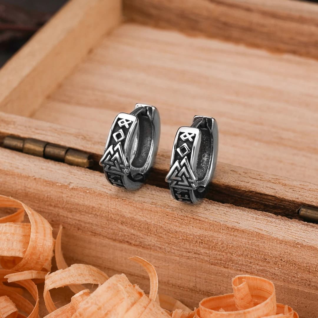 Vintage Viking Valknut Hoop Earrings Men Women Tiny Ancient Nordic Amulet Jewelry Scandinavian Rune Gift Stainless Steel Earring - 2
