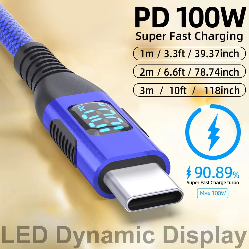 USB C to Type C LED Display Cable 1M 2M 3M Fast charger Cord Nylon Braided 3A 5A 60W 100W max Fast charging for iPhone 15 16