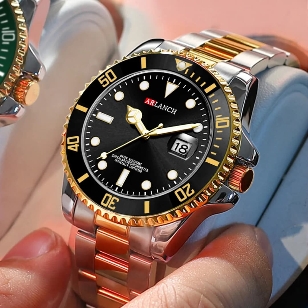 ساعة كوارتز رجالية كلاسيكية بسوار ستانلس ستيل تصميم أعمال غير رسمي 40 ملم ميناء أسود وذهبي مقاومة للماء 3Bar سلسلة ساعات reloj