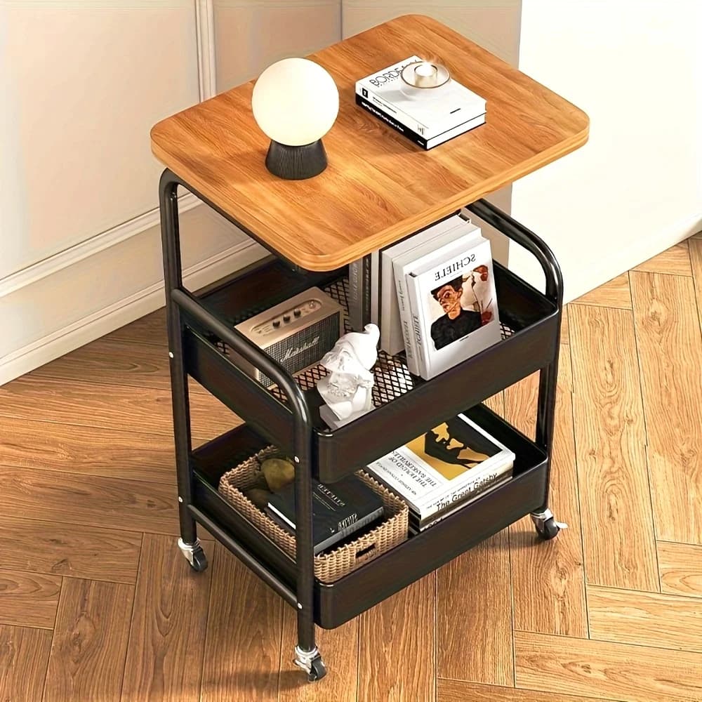 Metal 3-Tier Kitchen Island Cart with Tabletop Storage Snack Rack Durable Steel Frame Rolling Wheels