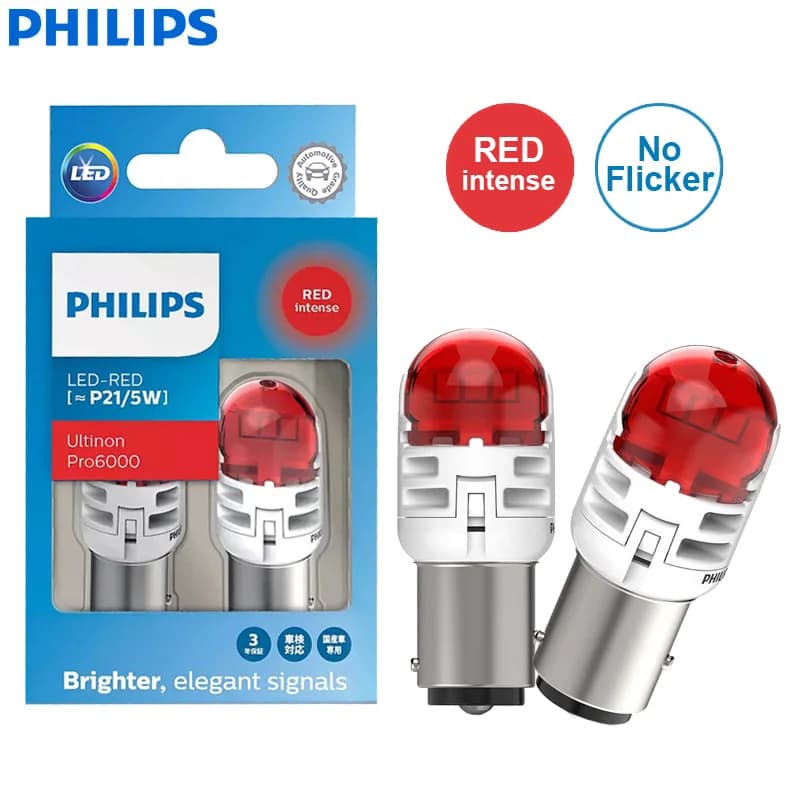 Philips Ultinon Pro6000 LED P21/5W 1157 S25 Two Contacts Red White Car Turn Signal Stop Lamps No Flash Flickering Error Free, 2x - 3