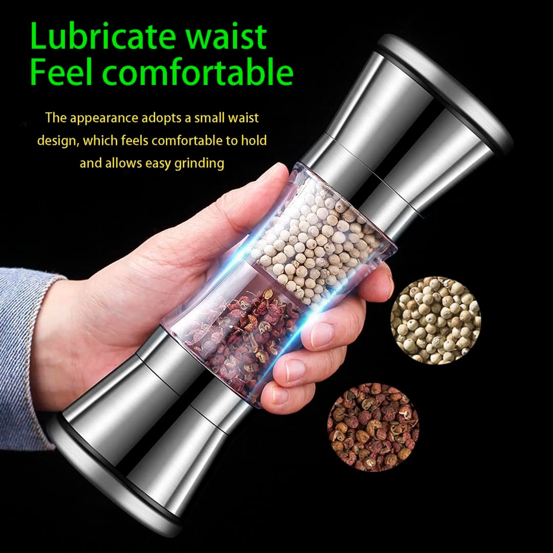 2-in-1 Adjustable Pepper Salt Grinder - Rustproof Stainless Steel Manual Mill with Double Heads & Coarseness Control - 3