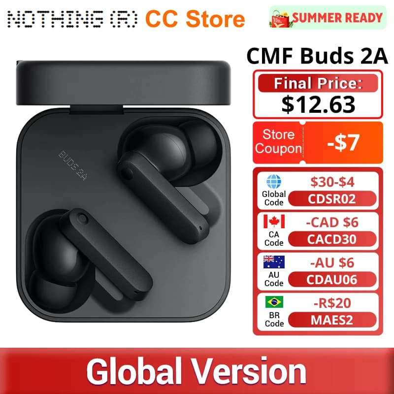 سماعات CMF by Nothing Buds 2A إصدار عالمي، مشغل 12.4 ملم، إلغاء ضوضاء 42dB، 4 ميكروفونات HD، عمر بطارية يصل إلى 31 ساعة تشغيل، IP54، بلوتوث 5.4