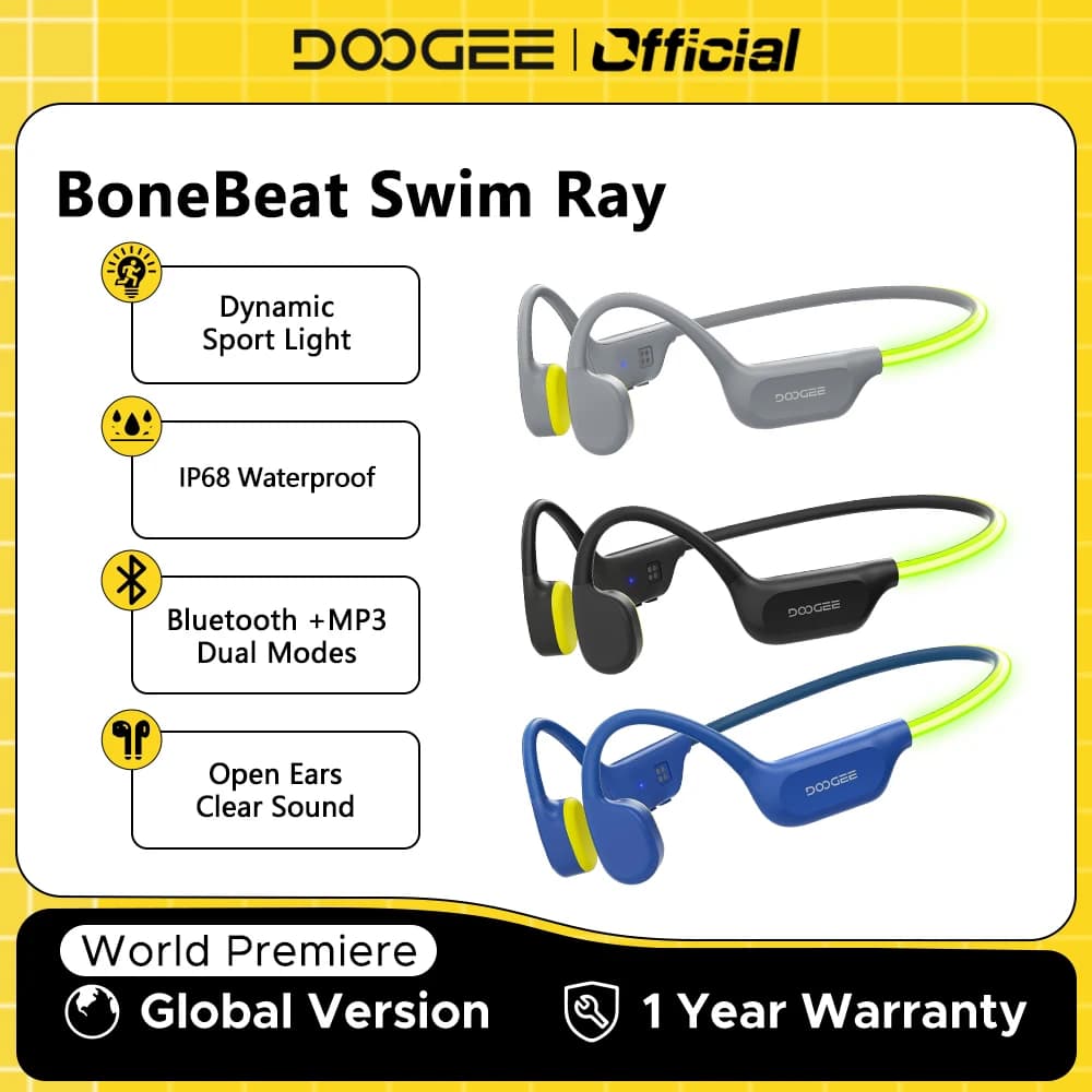DOOGEE BoneBeat Swim Ray Bone Conduction Ear Hook Earphone Bluetooth 6.0 Waterproof Wireless Headphones Headset For Swimming