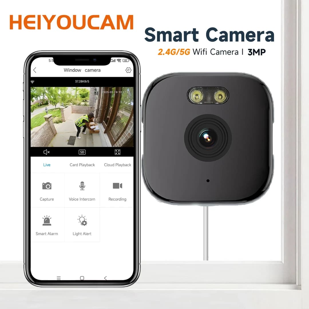 كاميرا نافذة HEIYOUCAM - بديل للكاميرات الخارجية | 2.4/5GHz Wi-Fi | 3MP HD | رؤية ليلية ملونة عبر النافذة