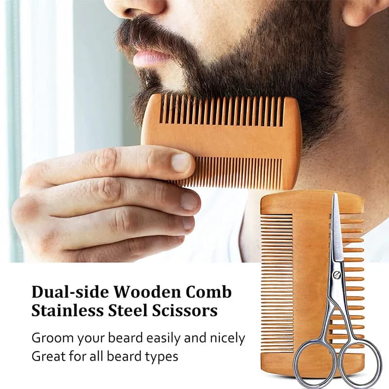 مجموعة حلاقة للرجال مع فرشاة لحية من شعر الخنزير ومشط متعدد الاستخدامات ومقص صغير، أداة عناية يومية محمولة - 2