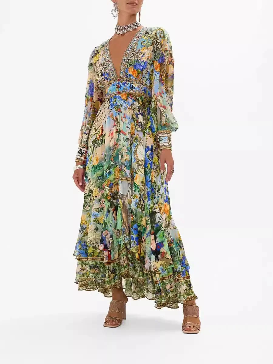 ملابس نسائية جديدة، وصول حديث، مبيعات ساخنة، قميص طويل الأكمام بطباعة، ياقة V، أكمام منفوخة، مربوط عند الخصر، موضة صيف أوروبية وأمريكية