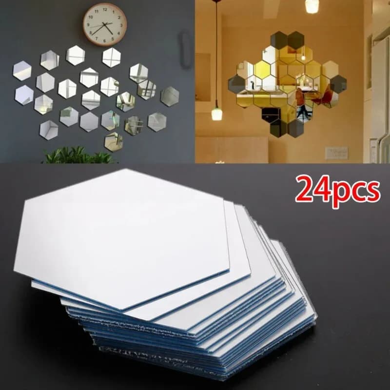 24Pcs Mirror Sticker Acrylic Wall Stickers Hex Self-Adhesive Mosaic Tiles DIY Bathroom Home Decor 3D Bedroom DIY Decal - 3
