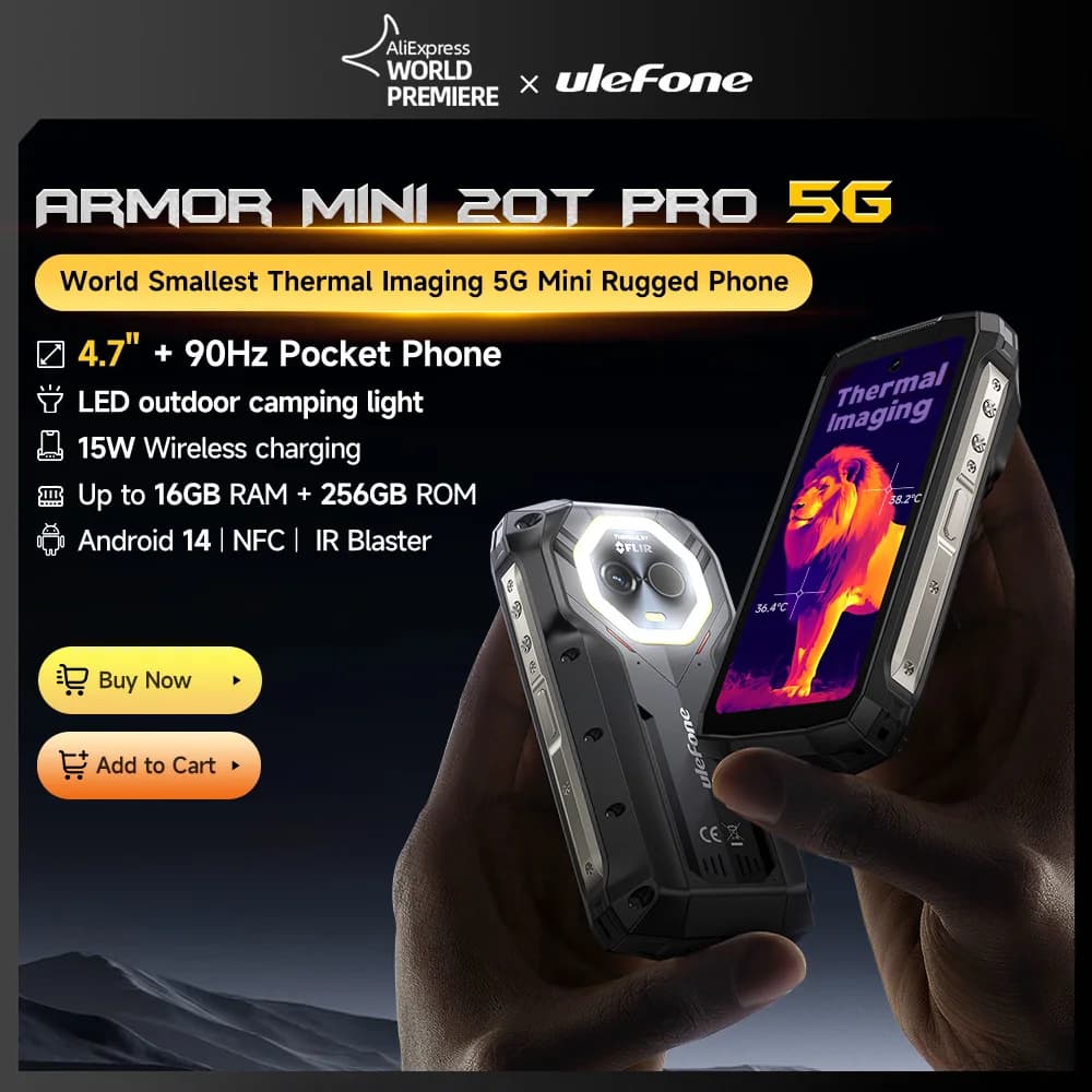 【عرض عالمي】 هاتف Ulefone Armor Mini 20T Pro 5G متين بشاشة 4.7 بوصة وإضاءة LED ونظام أندرويد 14 وبطارية 6200 مللي أمبير وذاكرة 16 جيجابايت + 256 جيجابايت وشاحن 33 واط