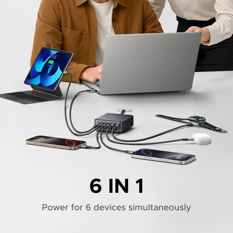 شاحن GaN بقوة 100 واط و65 واط 6 في 1 للشحن السريع لأجهزة الكمبيوتر المكتبية والمحمولة لهواتف آيفون 17 و16 و15 برو ماكس وشاومي وسامسونج وتابلِت ماك بوك أير وآيباد - 2