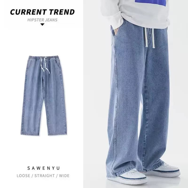 بنطلون جينز رجالي واسع الساق، لون أزرق فاتح، تصميم عتيق على الطراز الأمريكي، مناسب للمراهقين - 3