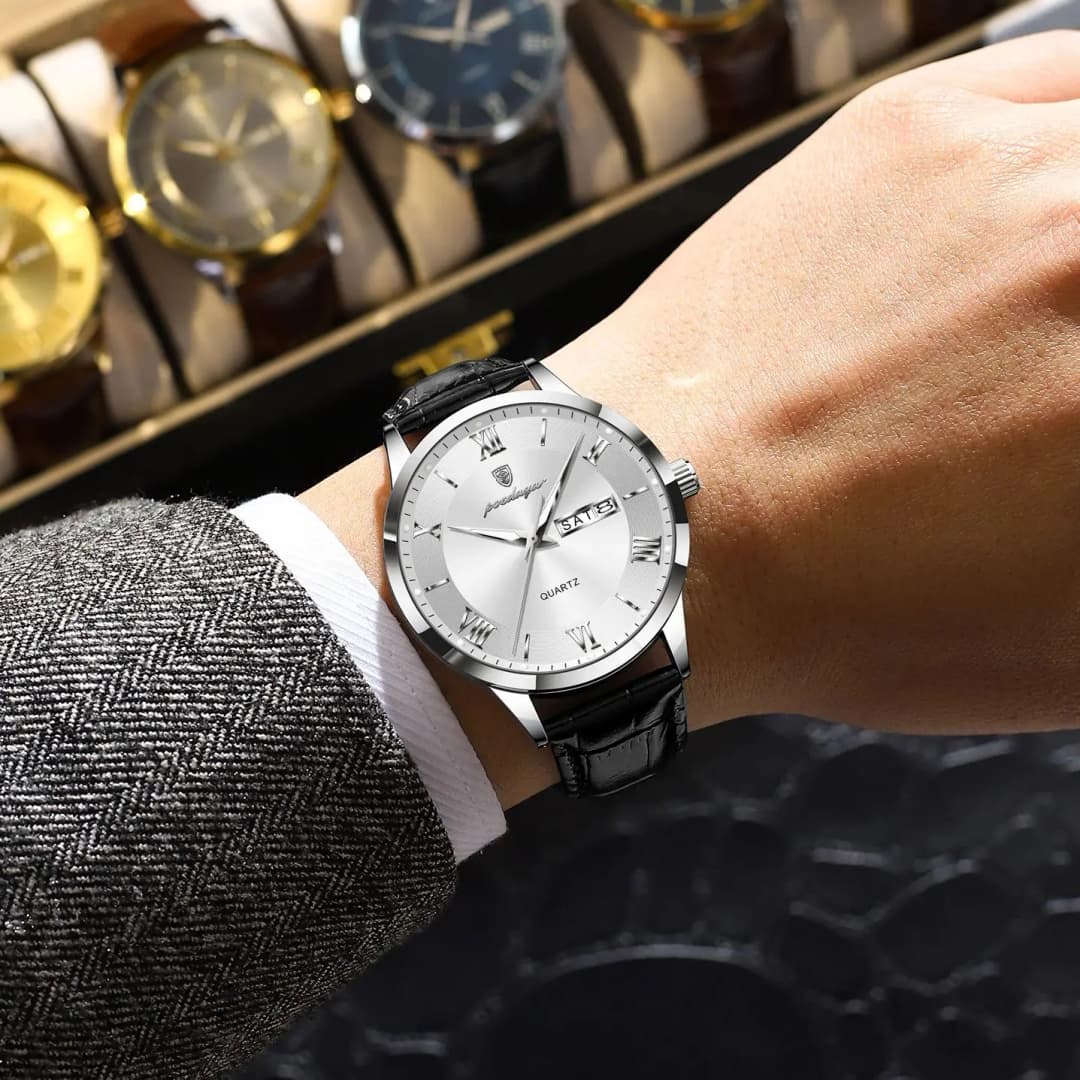 ساعة يد رجالية فاخرة كلاسيكية من POEDAGAR، تاريخ وأسبوع، ساعة عمل جلدية مقاومة للماء مضيئة موضة كوارتز - 6