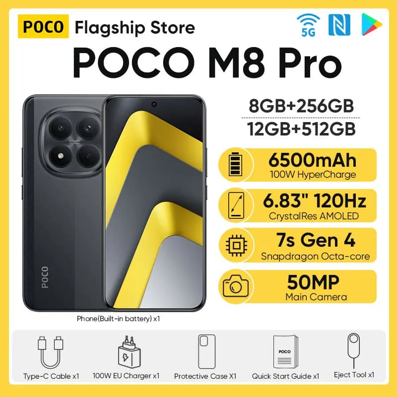 Newest POCO M8 Pro Global Version 5G Smartphone Snapdragon 7s Gen 4 6.83" 120Hz Display 50MP Camera 6500mAh 100W HyperCharge NFC