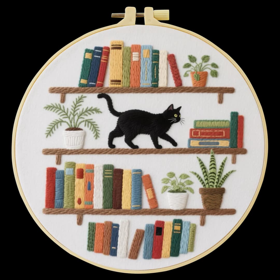 1pc 20X20CM/7.87inch The cat on the bookshelf Embroidery Starter Kit DIY kit Home Decor Needle Art Sewing Art - 4