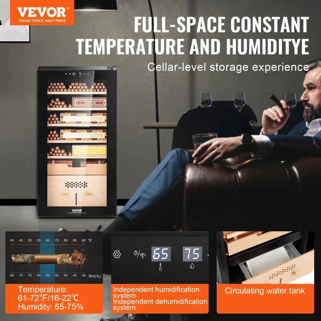 خزانة سيجار كهربائية من فيفور بسعة 82 لتر مع تحكم في التبريد والتسخين والرطوبة و6 طبقات من خشب الأرز الإسباني - 2