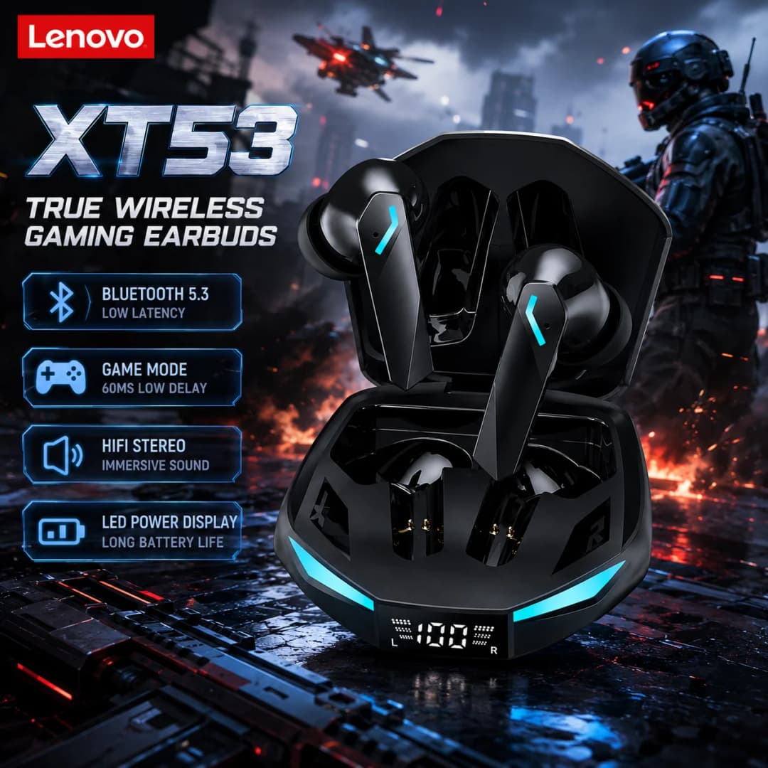 سماعات Lenovo XT53 الأصلية بلوتوث V5.4 - شاشة LED لعرض الطاقة، سماعات ألعاب، مقاومة للماء والعرق، سماعة لاسلكية محدثة