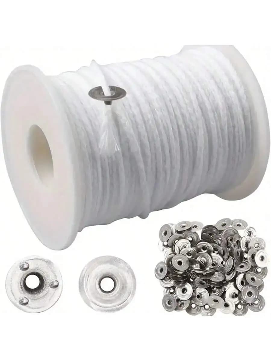 200 Feet Candle Wicks Roll 24 PLY Braided Candle Wicks Candle Wick Core Spool and 100 Pcs Metal Candle Wick Sustainer Tabs for C