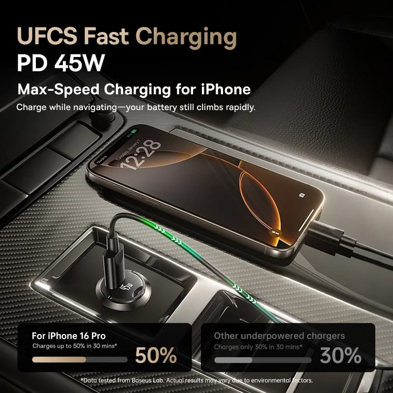 Baseus 45W Mini Car Charger UFCS PPS QC PD Fast Charging For Tablets iPhone 17 16 15 14 13 Samsung Xiaomi Car Phone Charger - 2