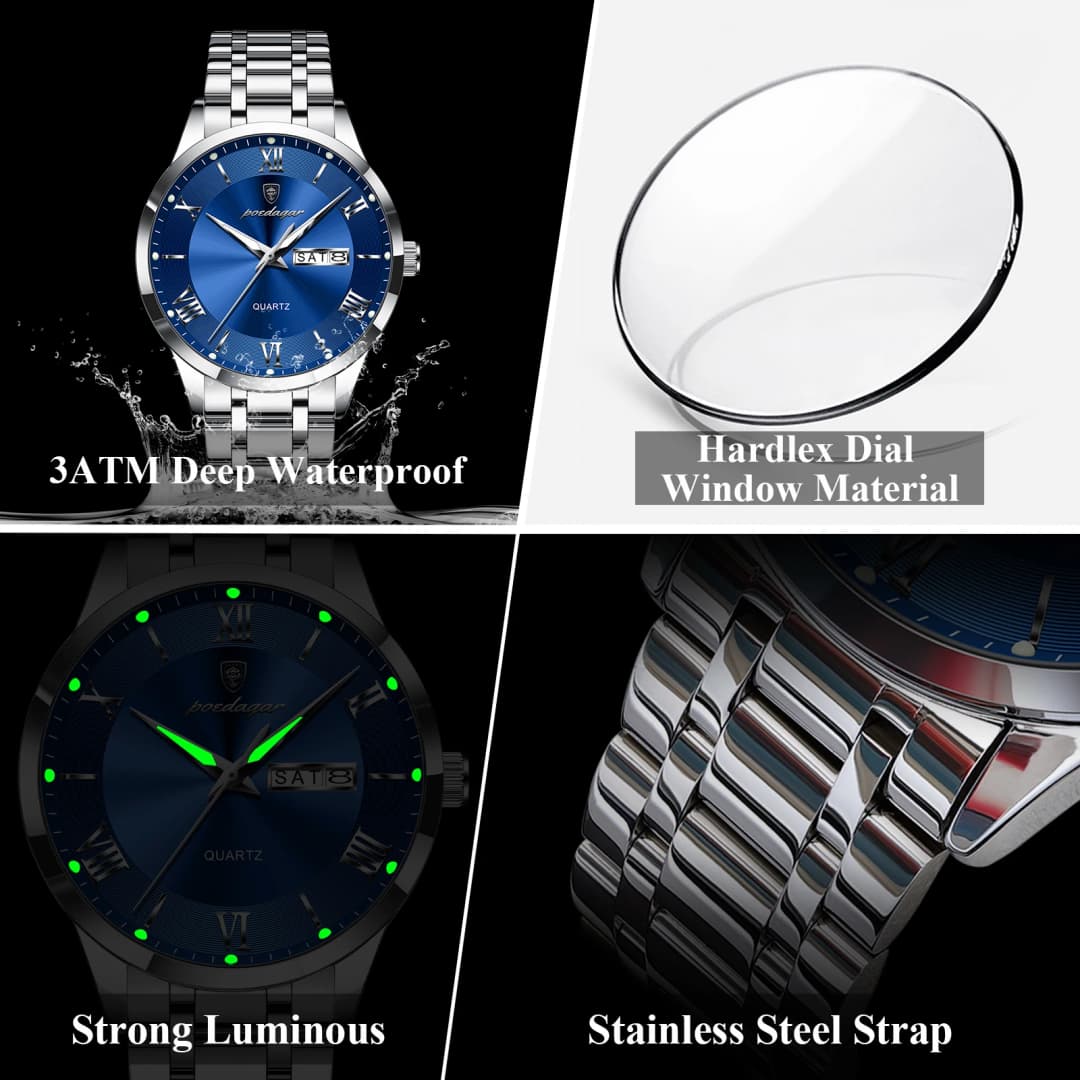 POEDAGAR Luxury Man Clock Waterproof Luminous Week Date Fashion Men's Wristwatch Stainless Steel Business Quartz Watches For Men - 4